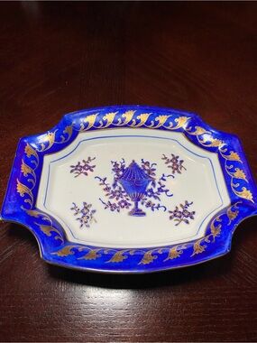 ISCO vintage hand painted trinket tray made in Japan. White, Cobalt Blue & Gold